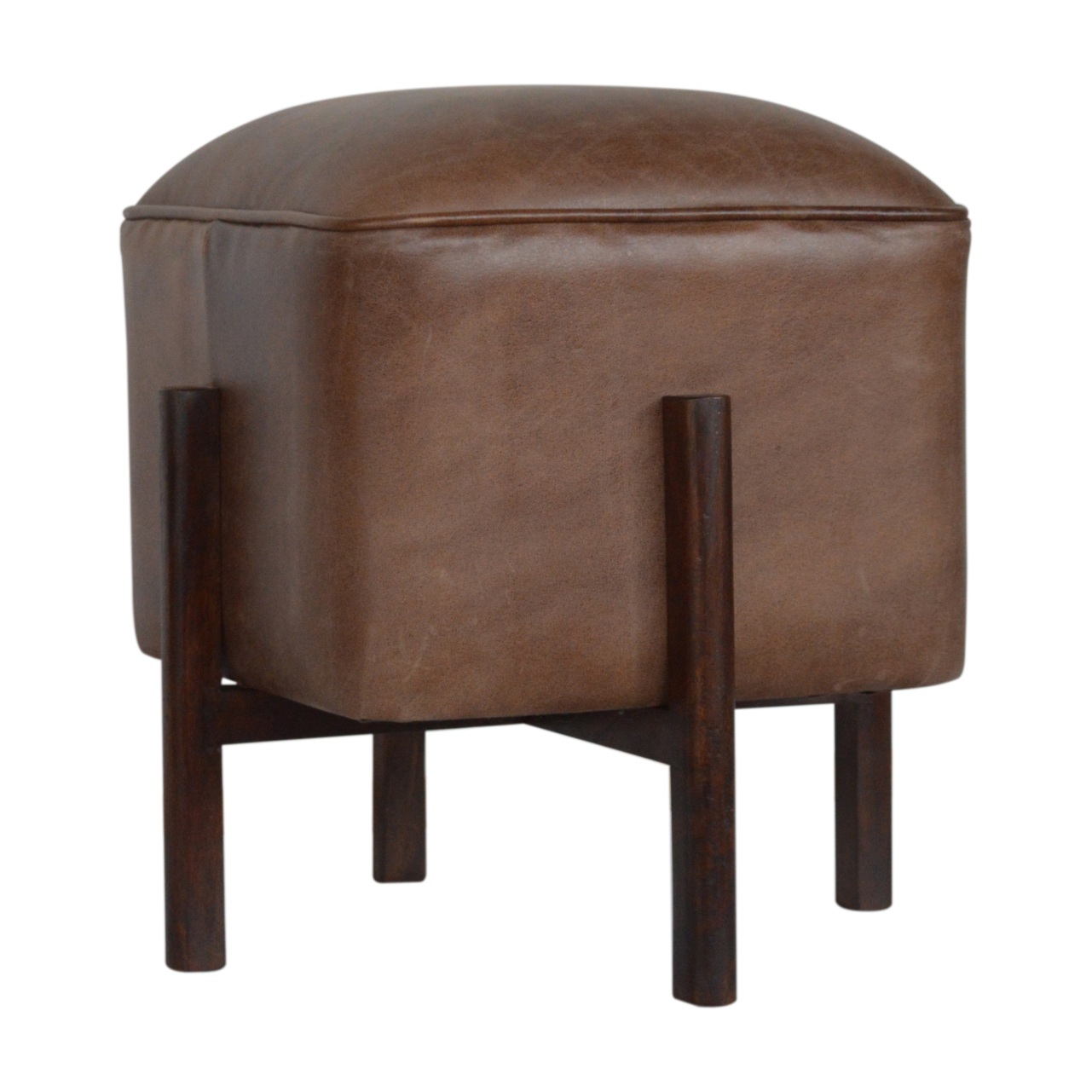 wholesale Brown Leather Footstool with Solid Wood Legs for resale