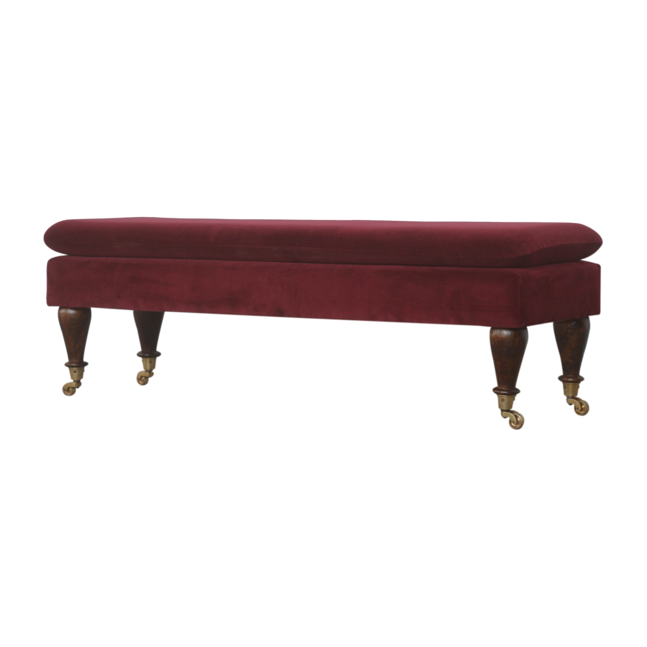 Wine Red Velvet Castor Bench - Image 3