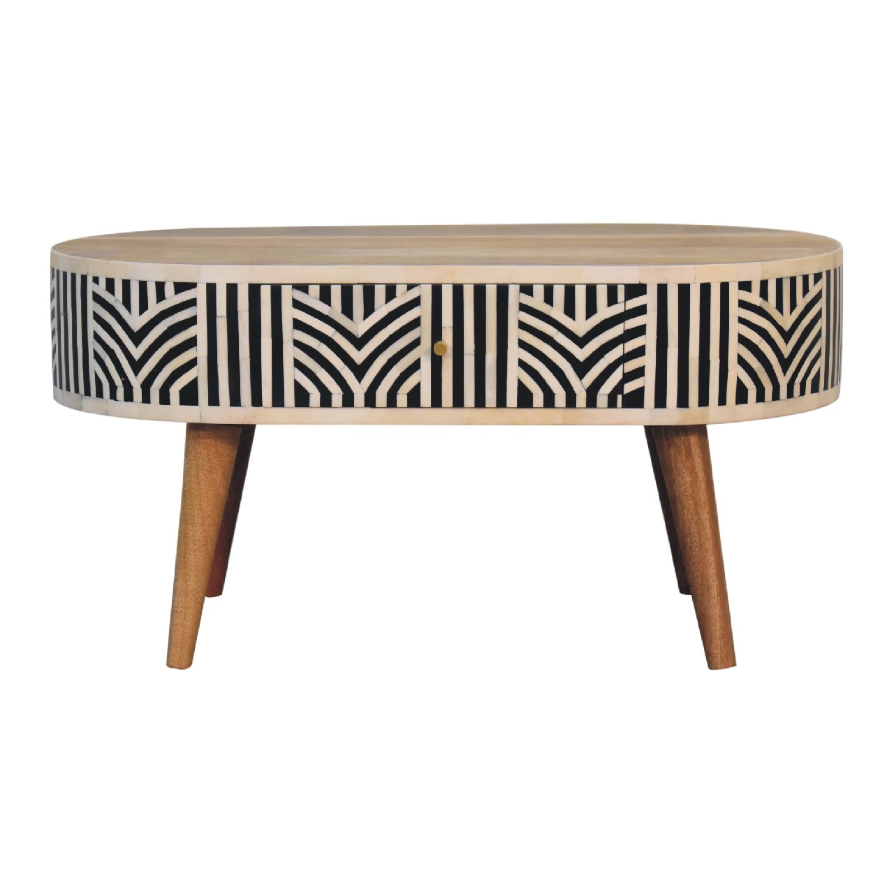Geometric pattern coffee table with tapered wooden legs.