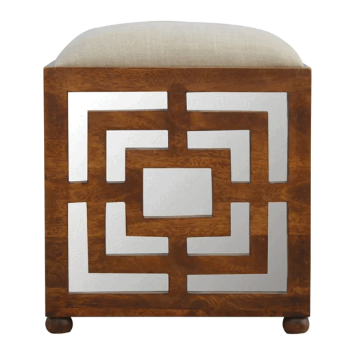 Hand Carved Square Footstool with Linen Seat Pad for wholesale