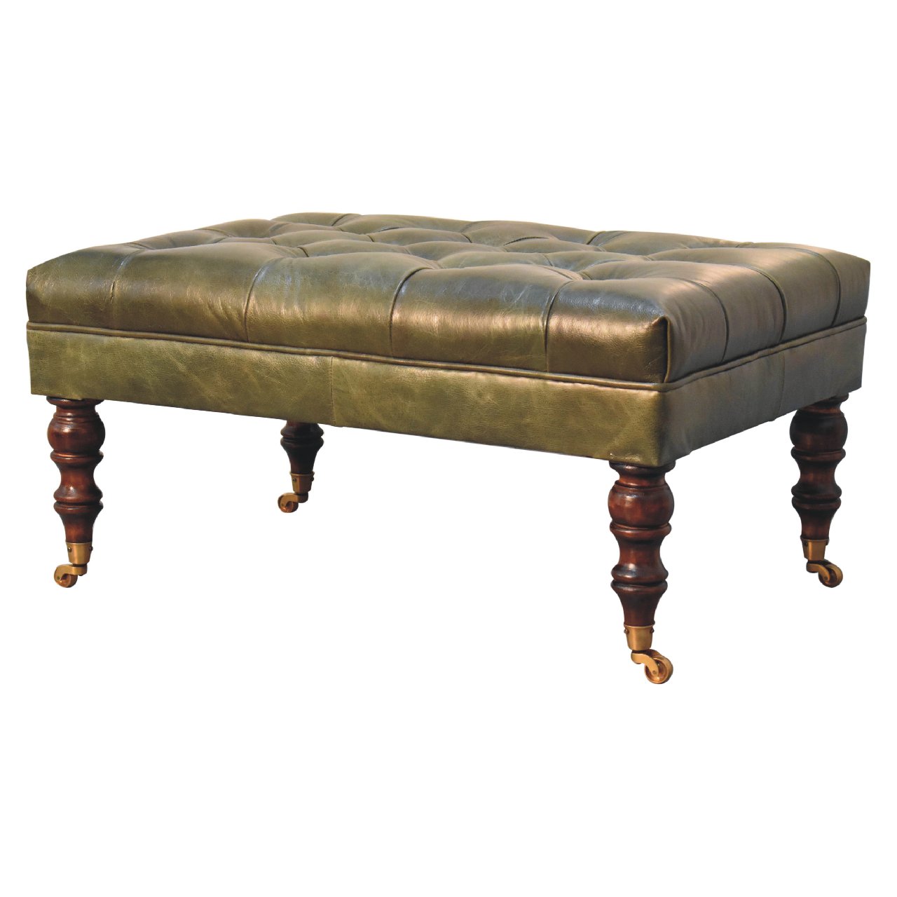 Buffalo Green Leather Ottoman with Castor Legs - Image 3