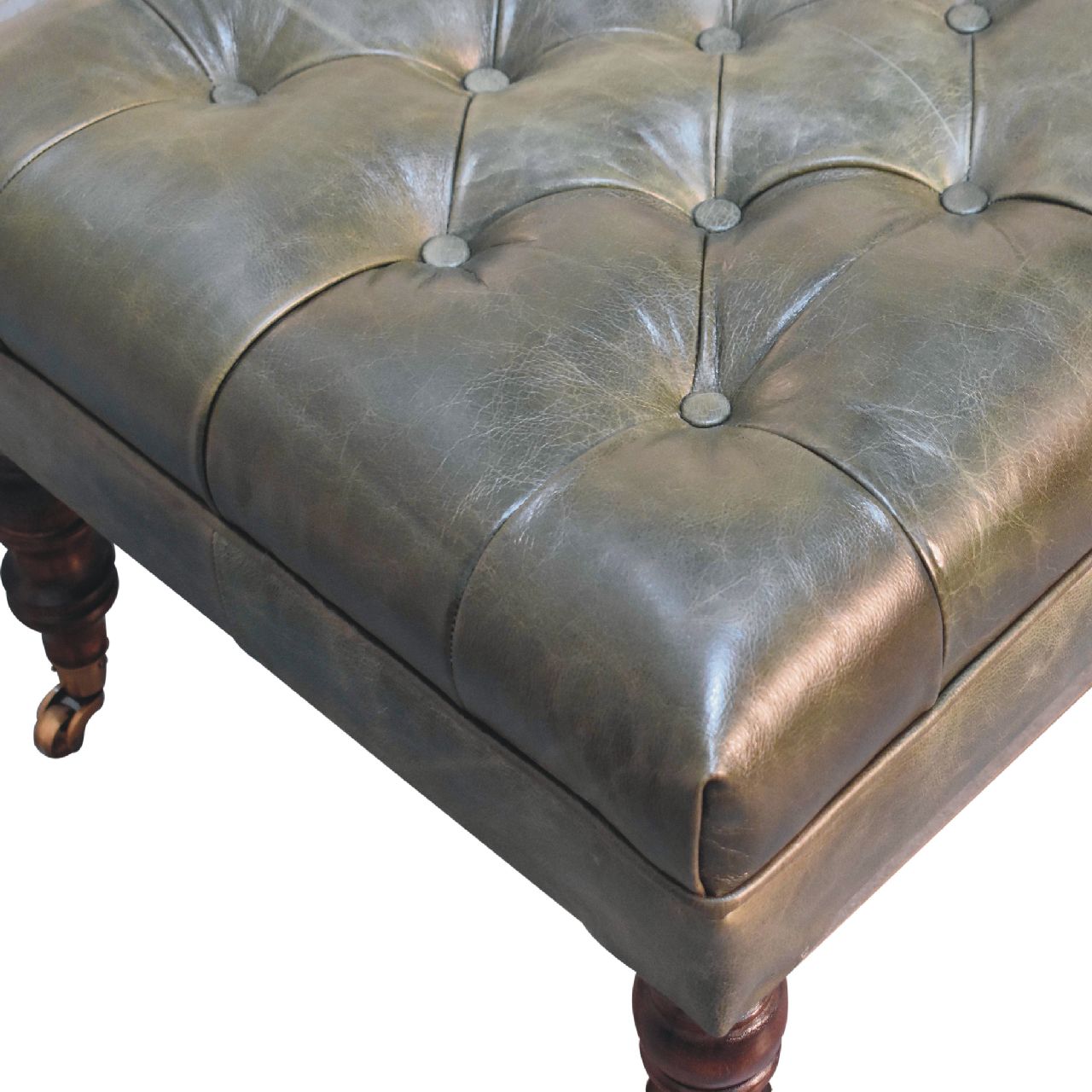 Buffalo Green Leather Ottoman with Castor Legs - Image 6