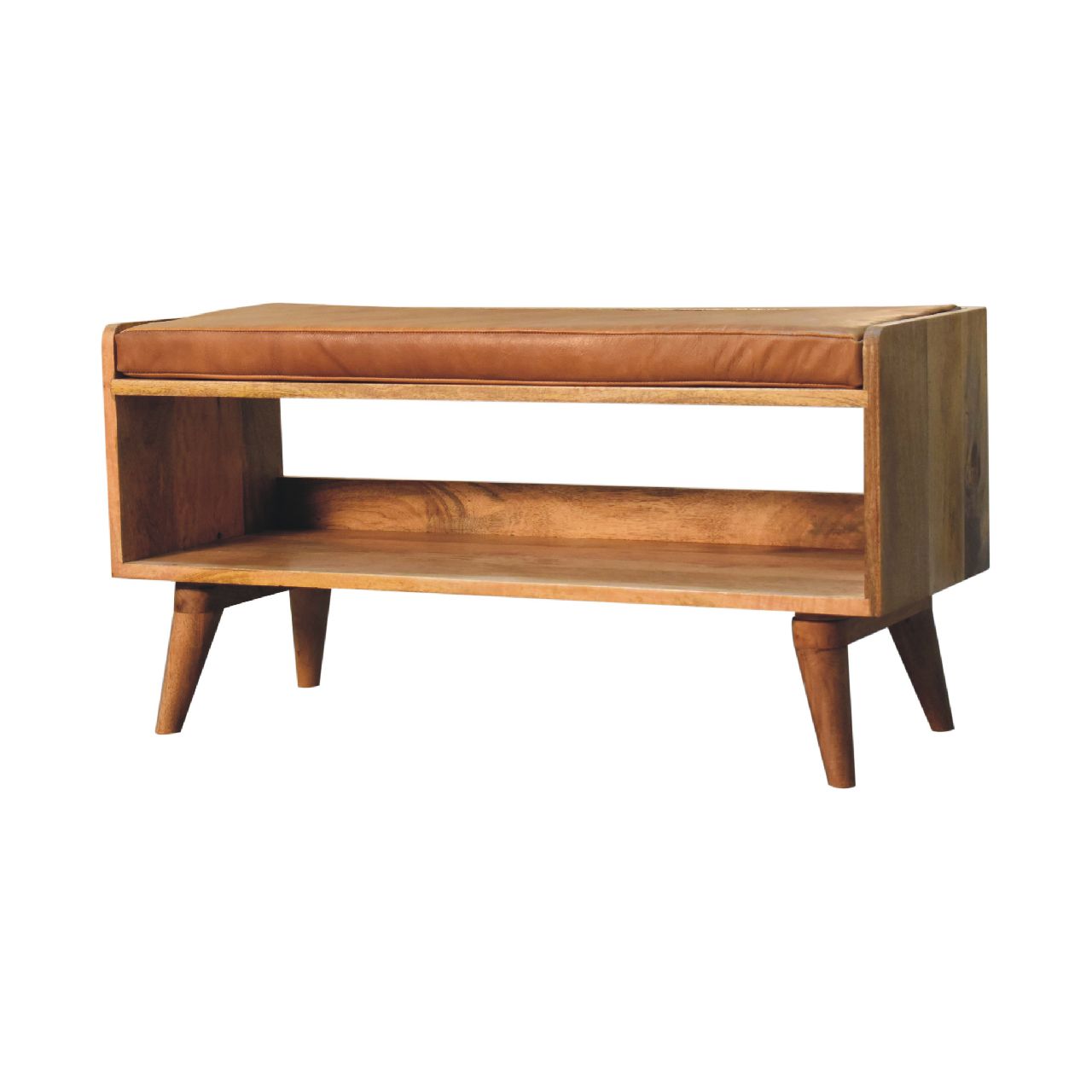 Oak-ish Bench with Tan Leather Seatpad - Image 3