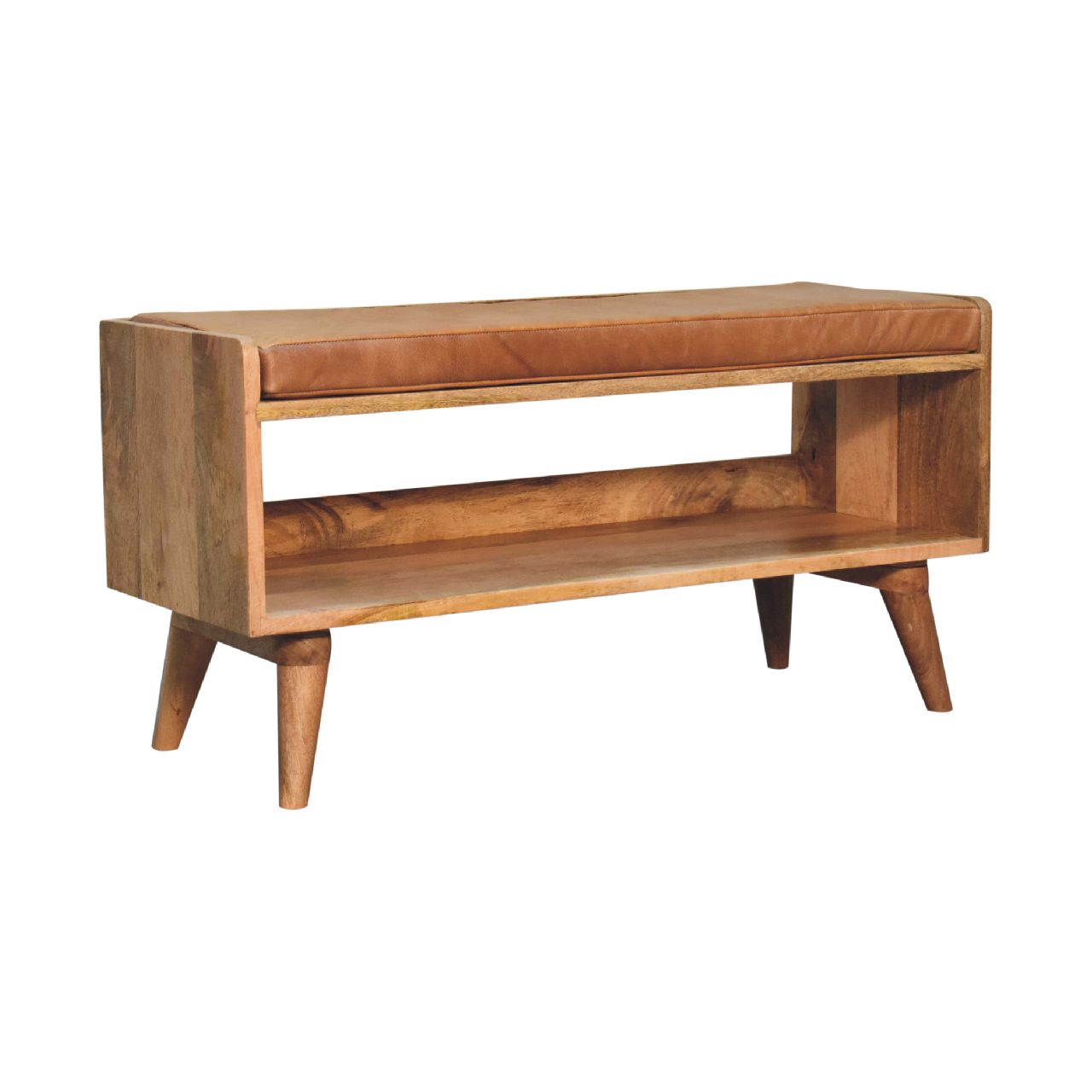 Oak-ish Bench with Tan Leather Seatpad - Image 4