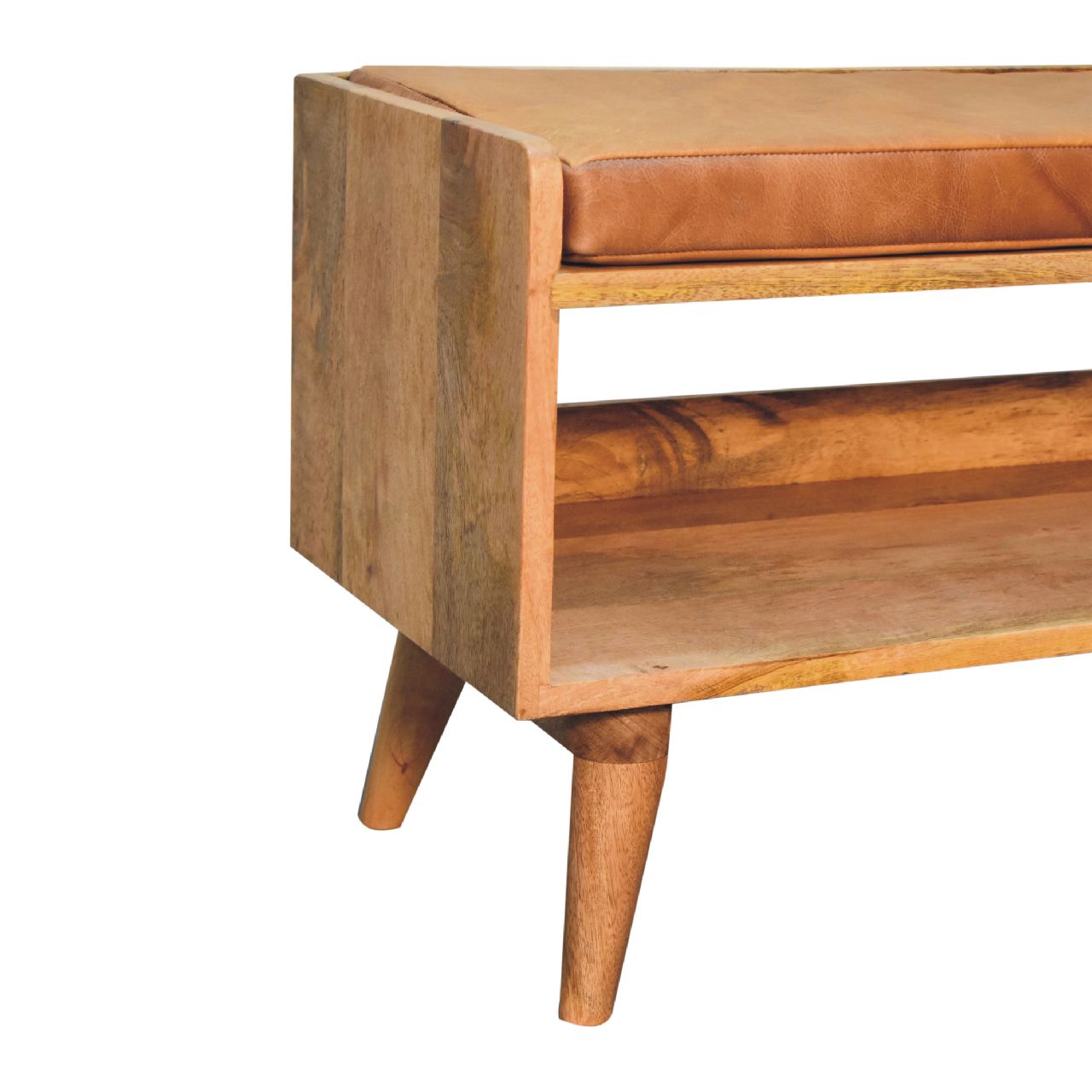Oak-ish Bench with Tan Leather Seatpad - Image 7