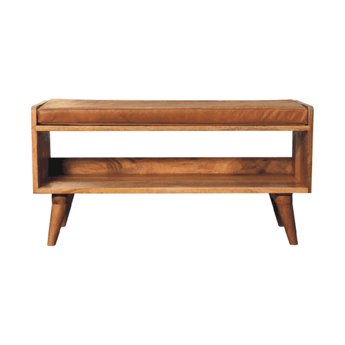Oak-ish Bench with Tan Leather Seatpad - Image 10