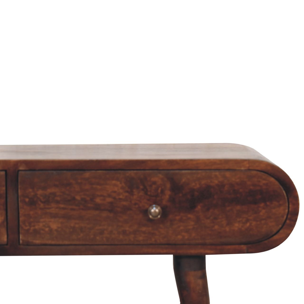 Wooden desk drawer with curved edge and knob