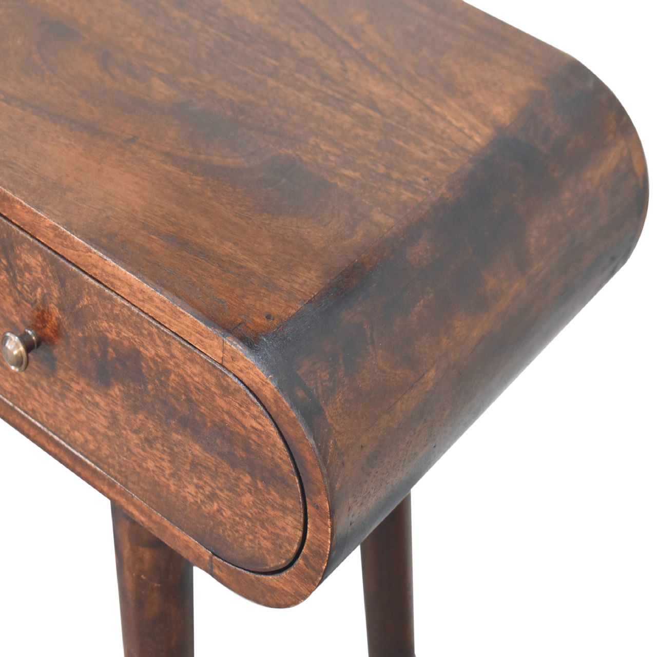 Close-up of wooden drop-leaf table with drawer