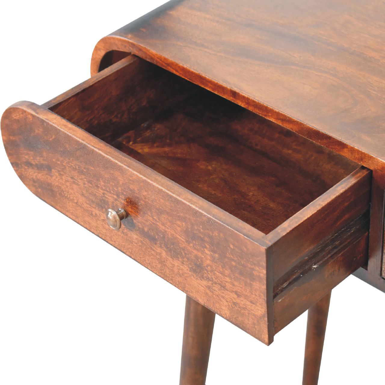 Open drawer of wooden side table