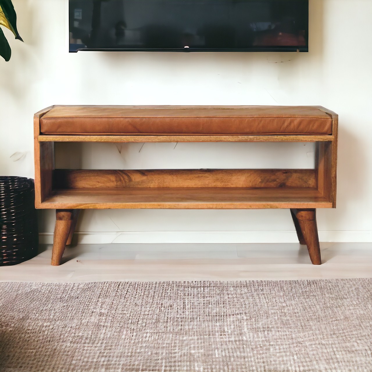 Oak-ish Bench with Tan Leather Seatpad - Image 11