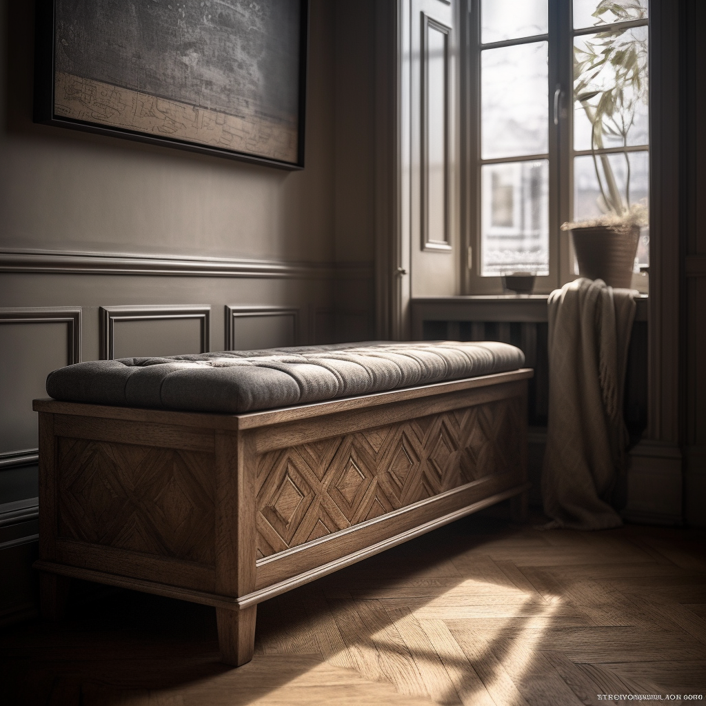 rustic bench with textured wood and dark linen