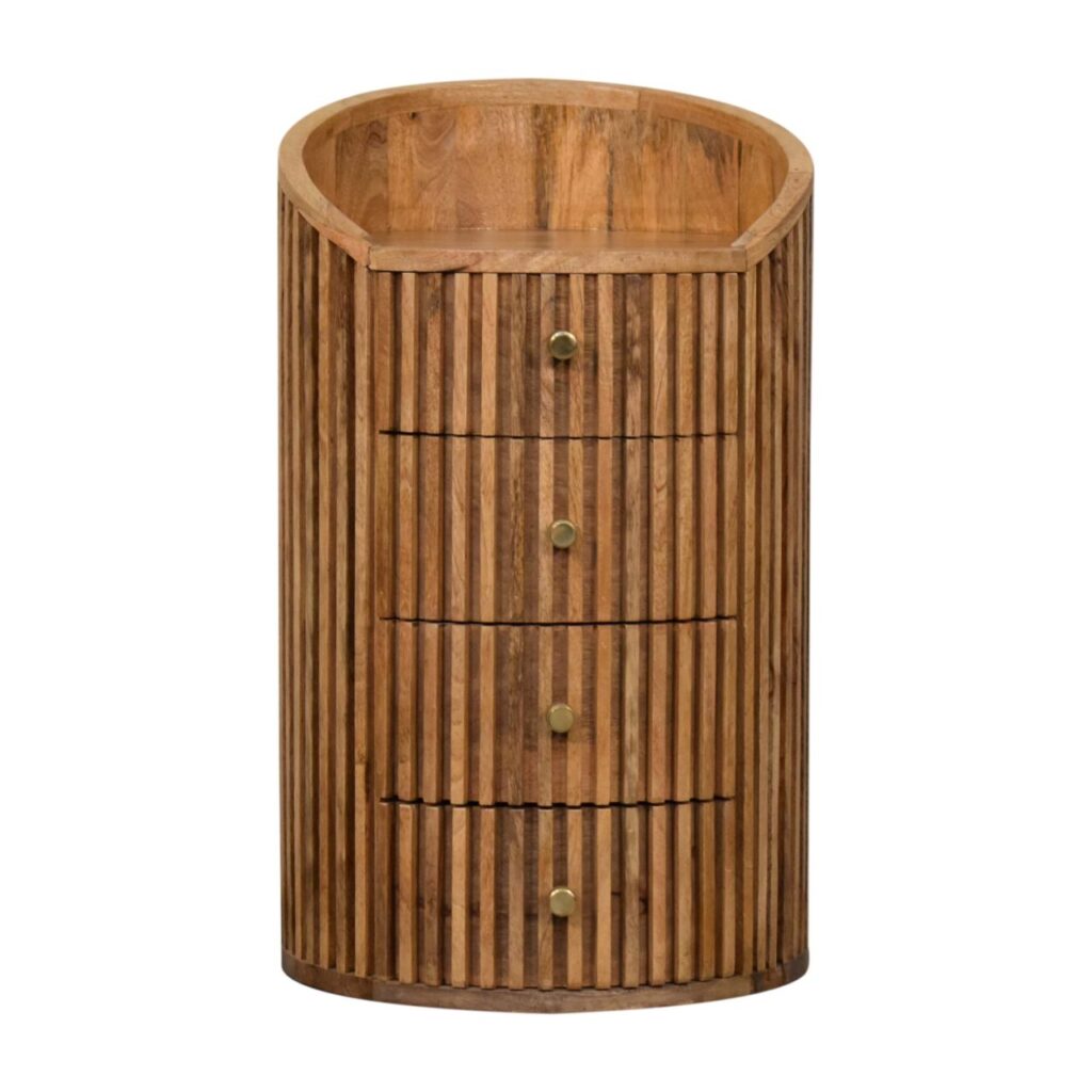 Wooden dresser with vertical grooves and drawers.