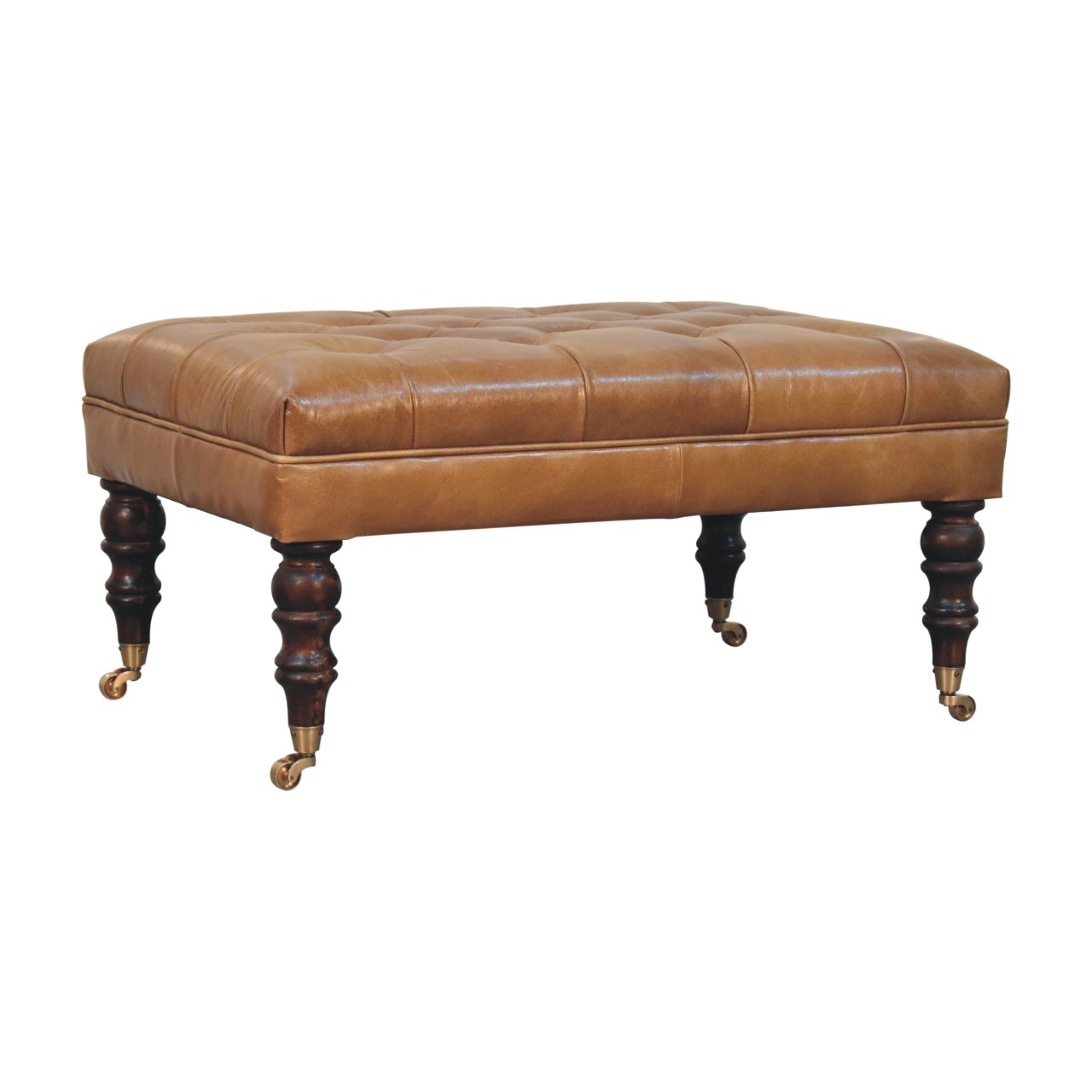 California Walnut Buffalo Brown Leather Ottoman with Castor Legs - Image 3