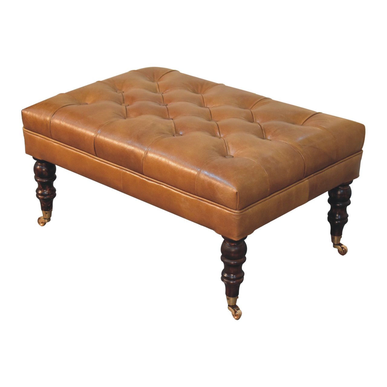 California Walnut Buffalo Brown Leather Ottoman with Castor Legs - Image 6