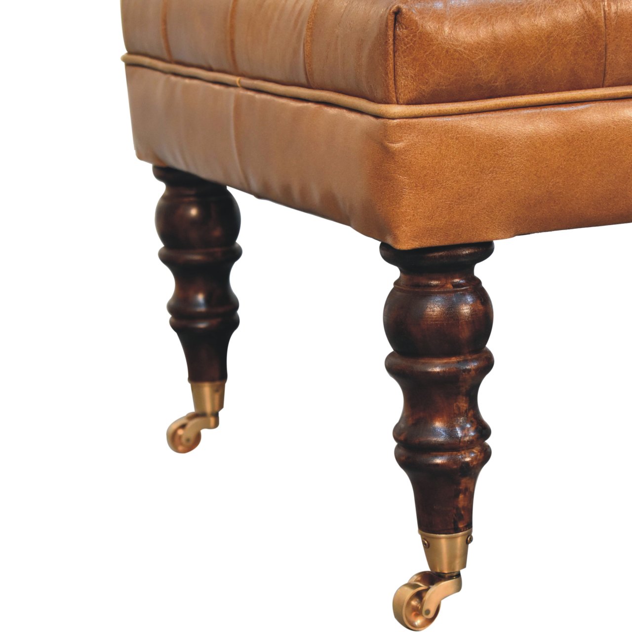 California Walnut Buffalo Brown Leather Ottoman with Castor Legs - Image 9