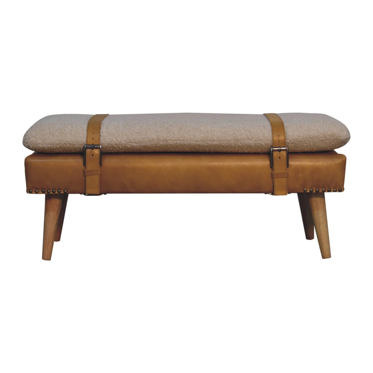 Bouclé Buffalo Hide Olive Green Leather Bench - Image 9