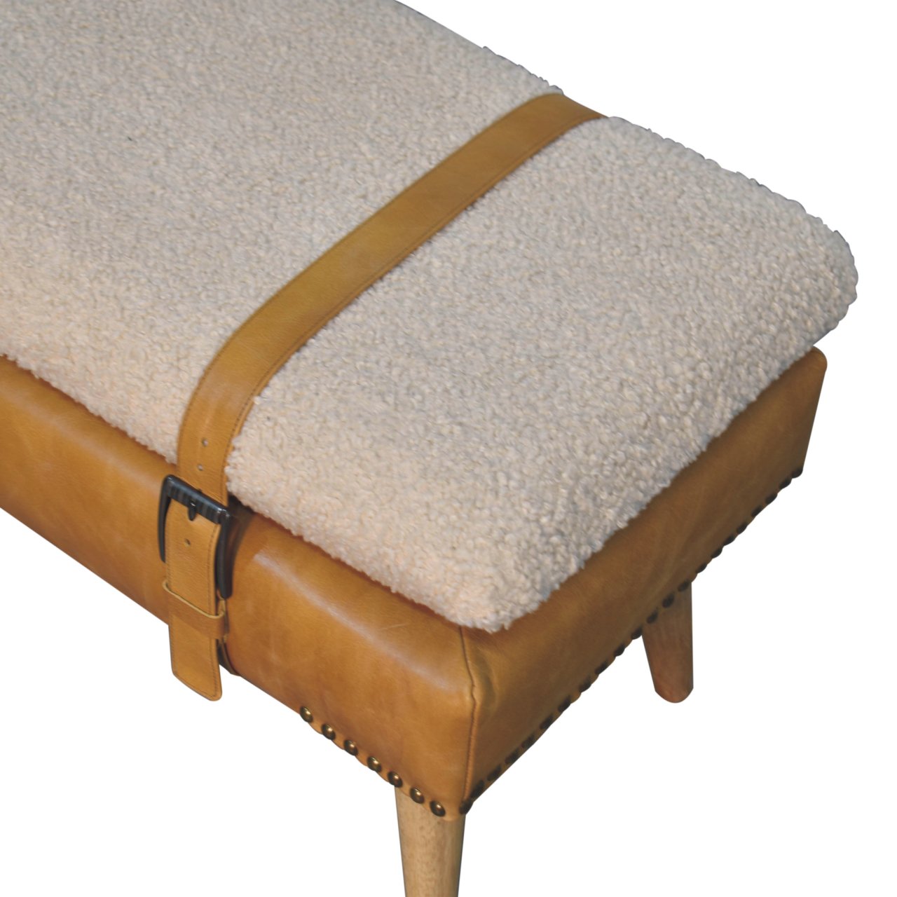 Bouclé Buffalo Hide Tan Leather Bench - Image 7