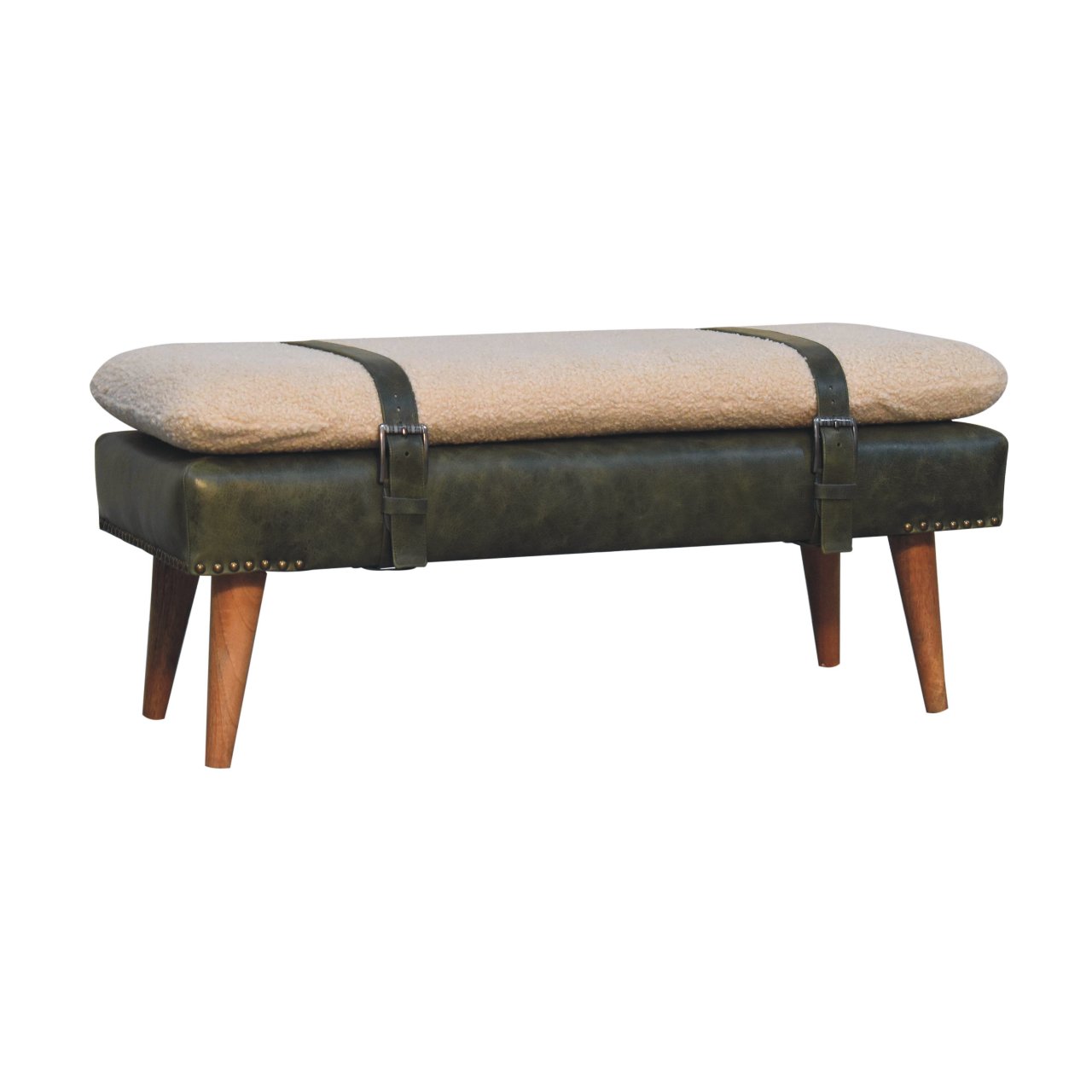 Bouclé Buffalo Hide Olive Green Leather Bench - Image 3