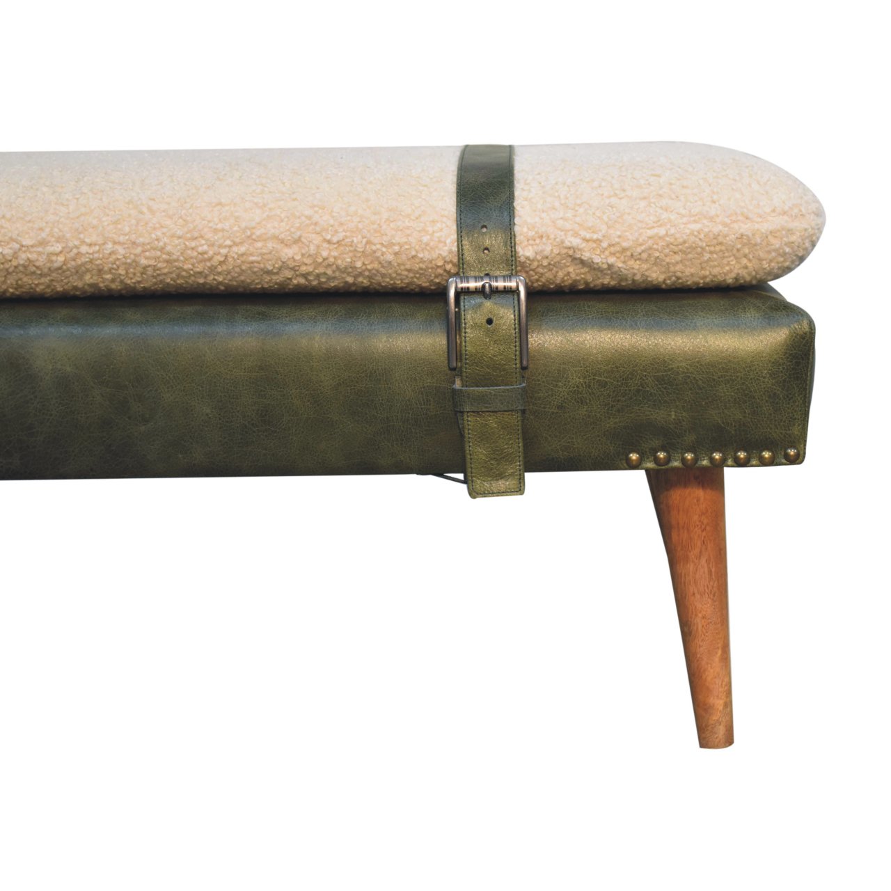 Bouclé Buffalo Hide Olive Green Leather Bench - Image 5