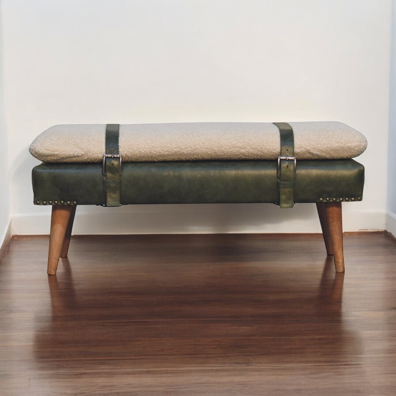 Bouclé Buffalo Hide Olive Green Leather Bench - Image 4