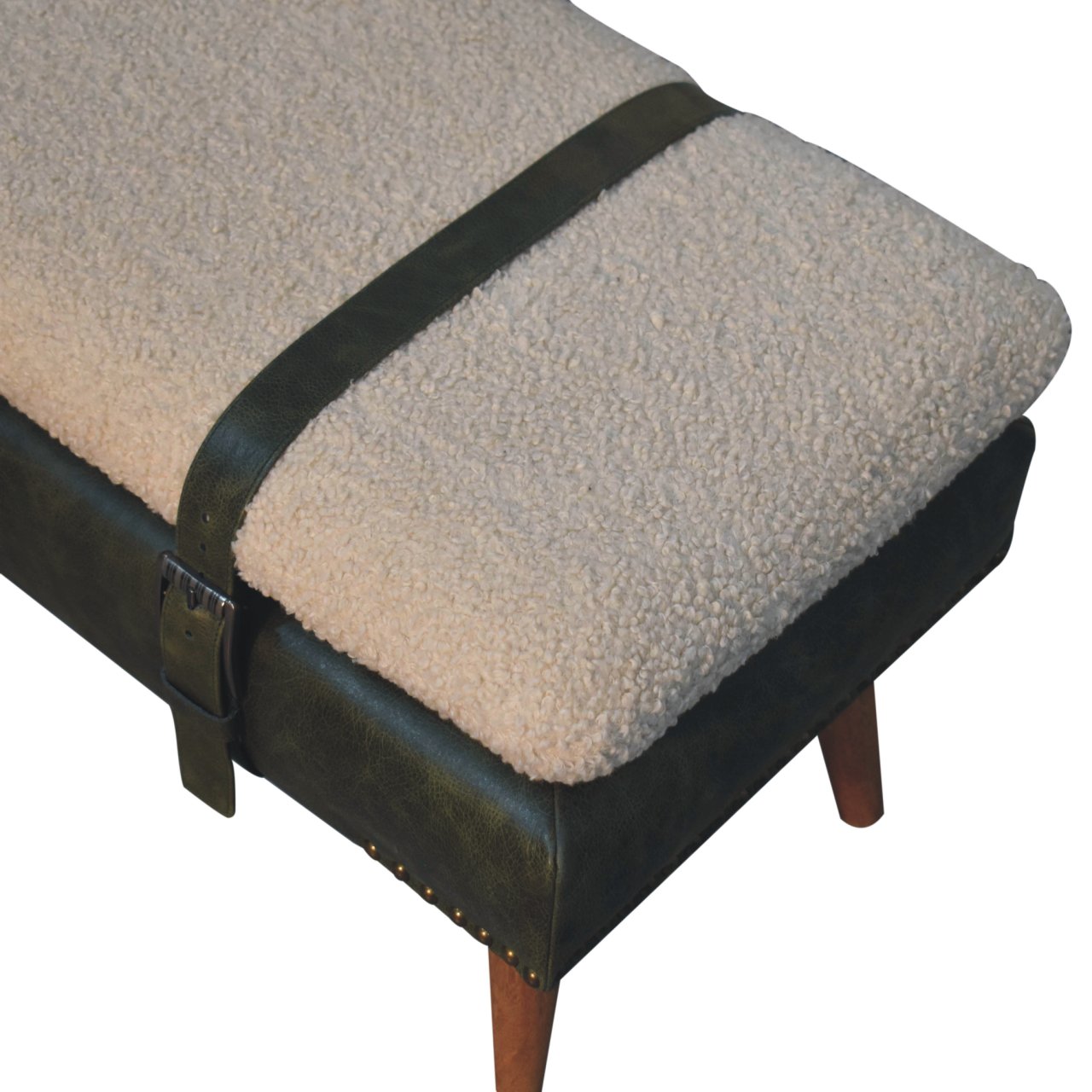 Bouclé Buffalo Hide Olive Green Leather Bench - Image 6