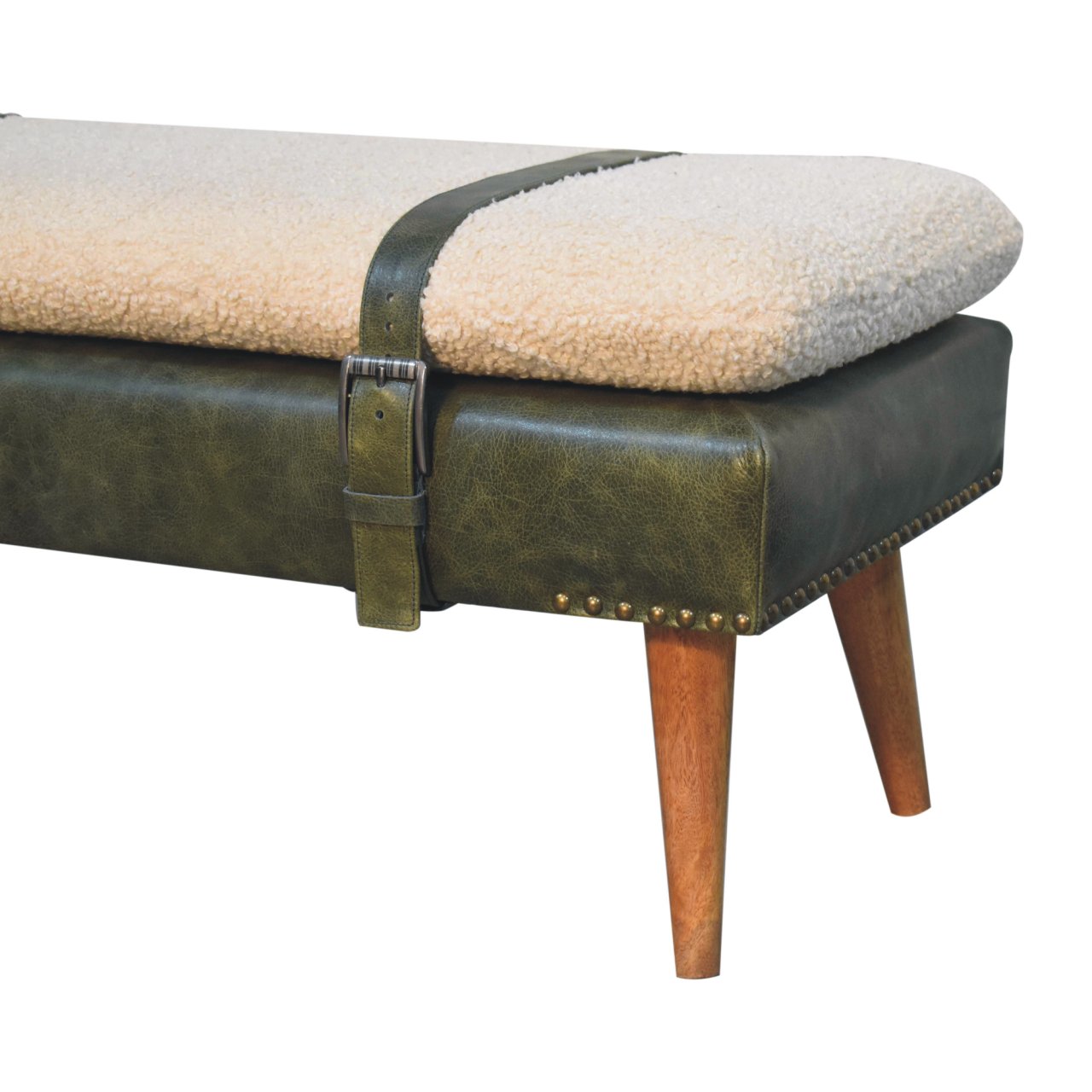 Bouclé Buffalo Hide Olive Green Leather Bench - Image 7