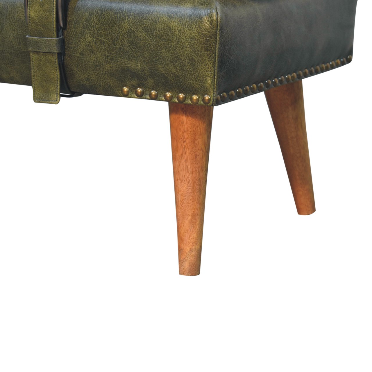 Bouclé Buffalo Hide Olive Green Leather Bench - Image 8