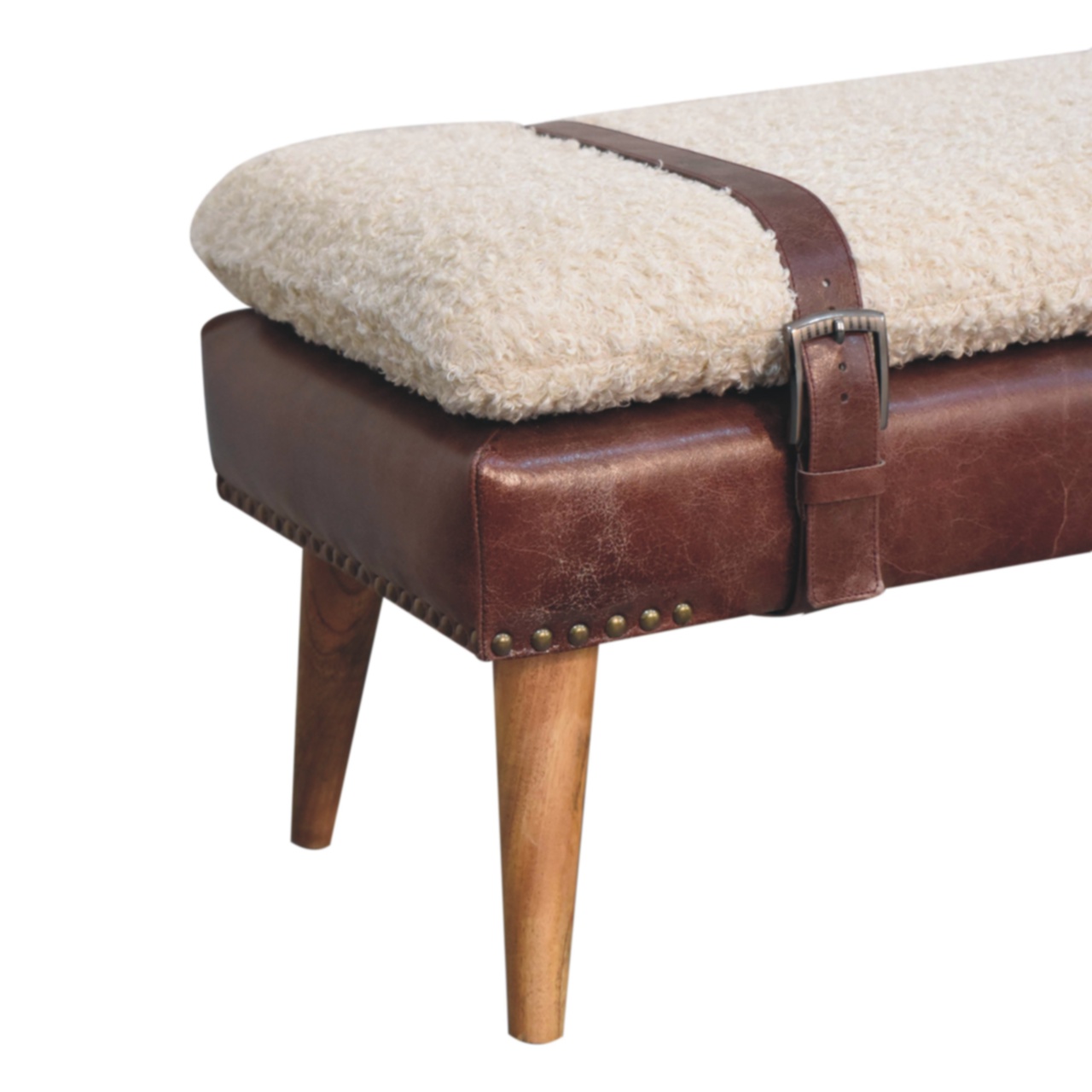 Boucle x Mahogany Leather Bench - Image 7