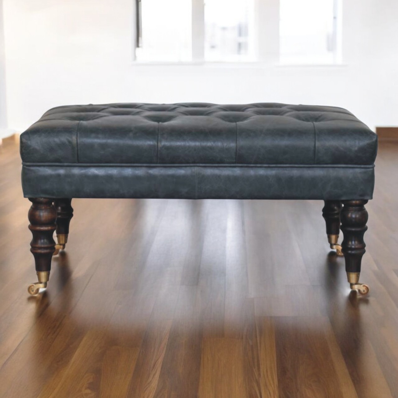 Buffalo Teal Leather Ottoman with Castor Legs - Image 9