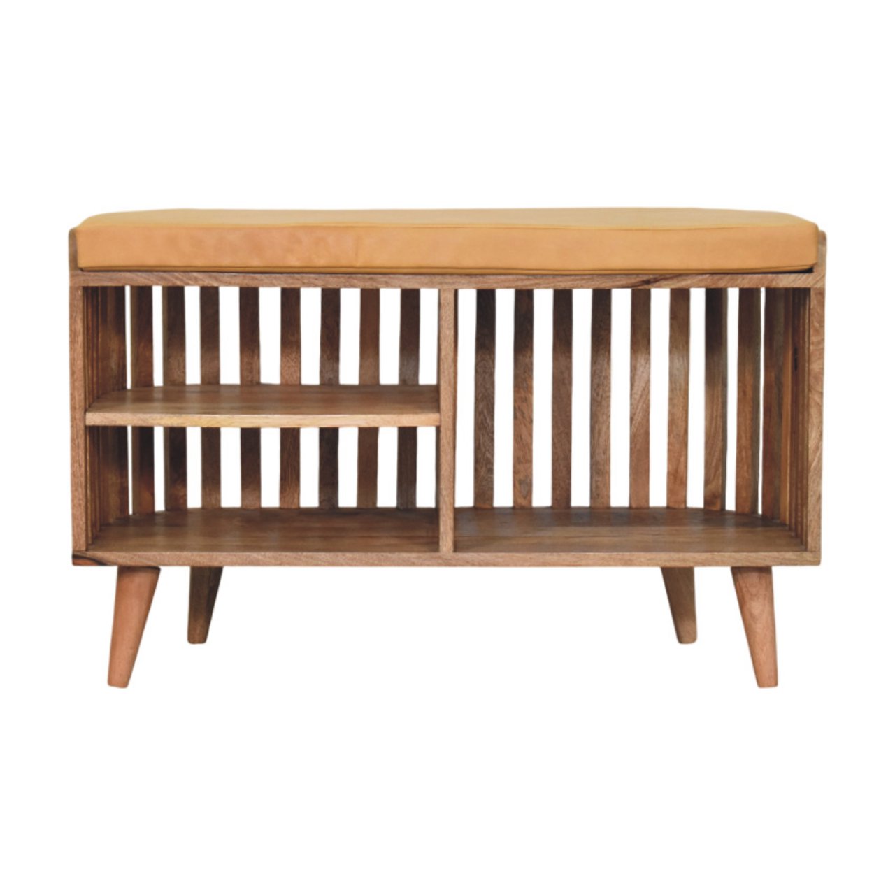 Wooden bench with storage shelves