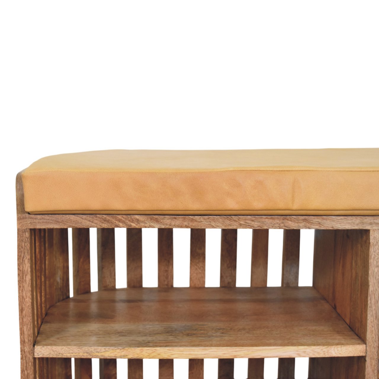 Wooden bench with cushion and shelves