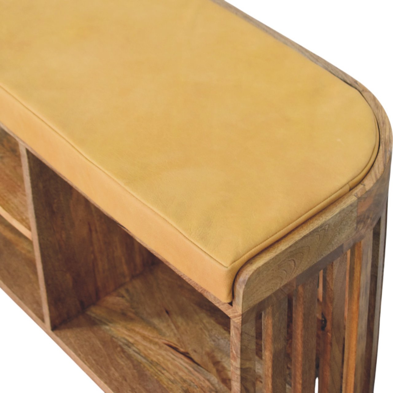 Wooden bench with yellow cushioned seat