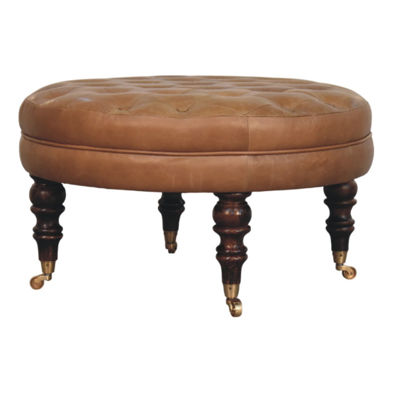 Brown Buffalo Leather Round Ottoman with Castor Legs - Image 2