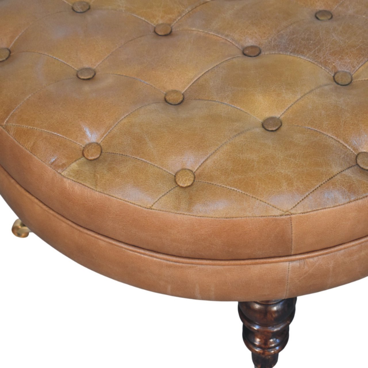 Brown Buffalo Leather Round Ottoman with Castor Legs - Image 6