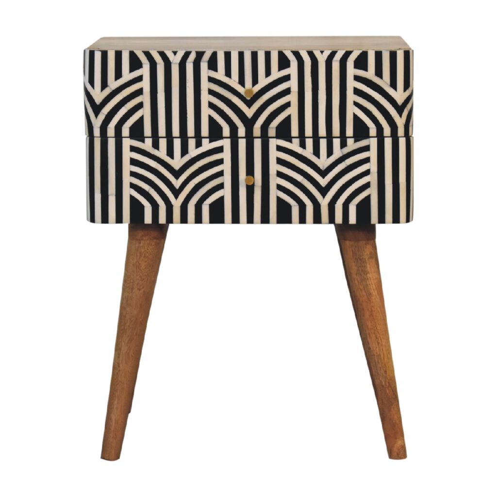 Art Deco black white striped wood nightstand.