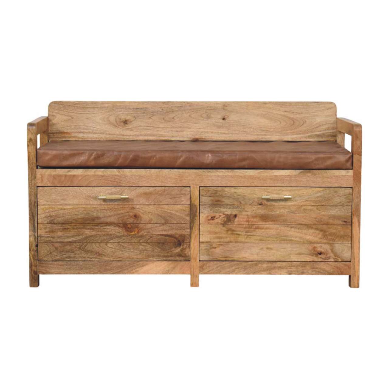Oakish Storage Bench with Brown Leather Seat - Image 2