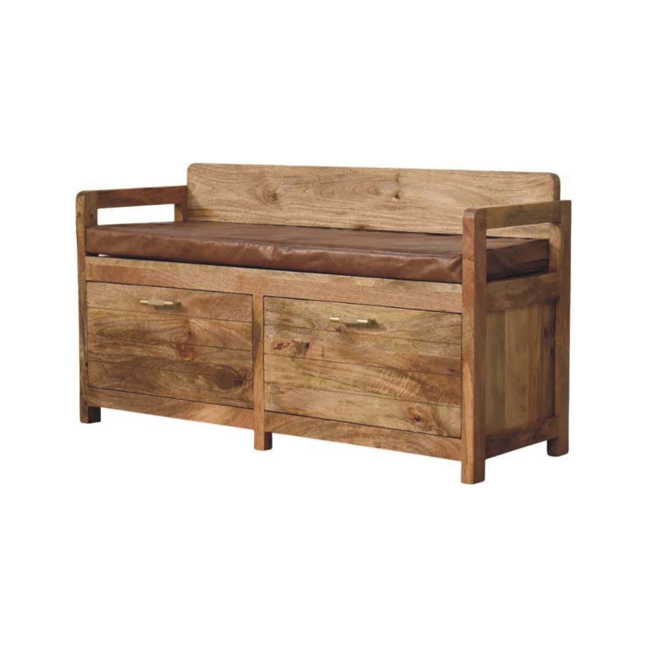 Oakish Storage Bench with Brown Leather Seat - Image 4