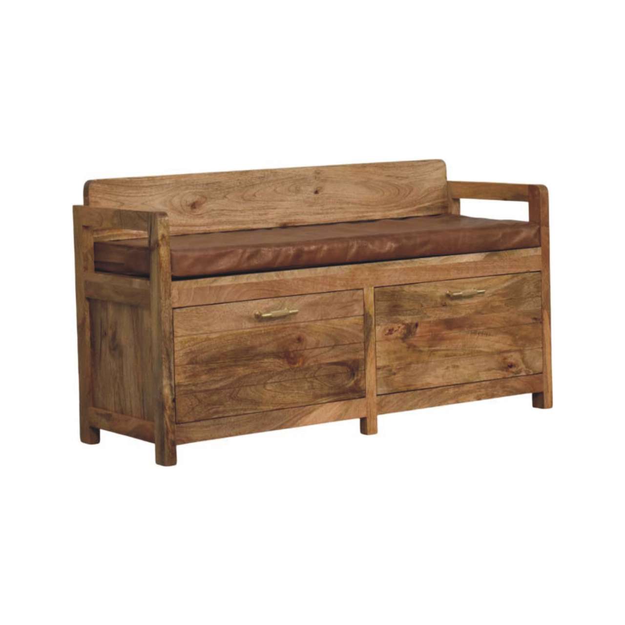 Oakish Storage Bench with Brown Leather Seat - Image 3