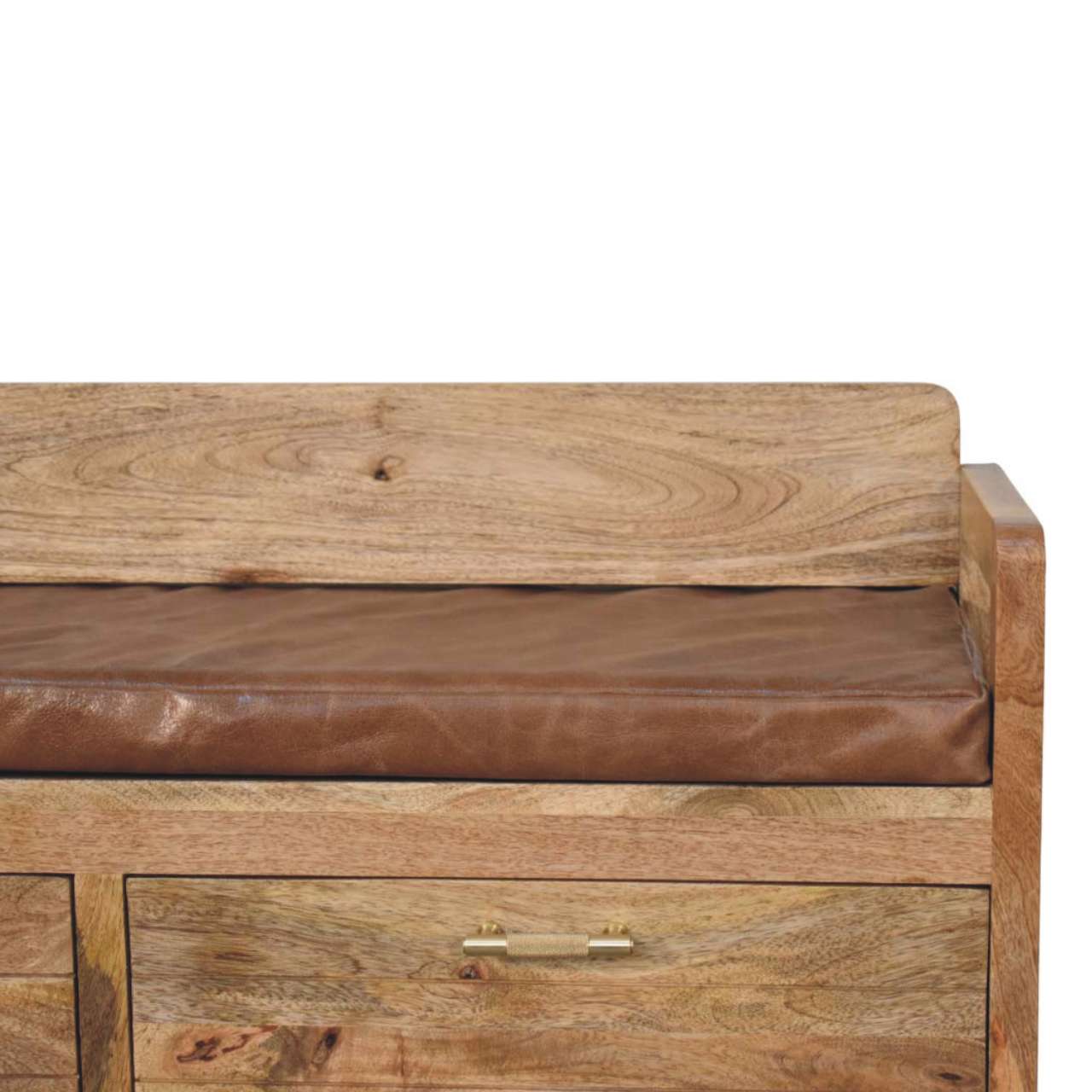 Oakish Storage Bench with Brown Leather Seat - Image 5