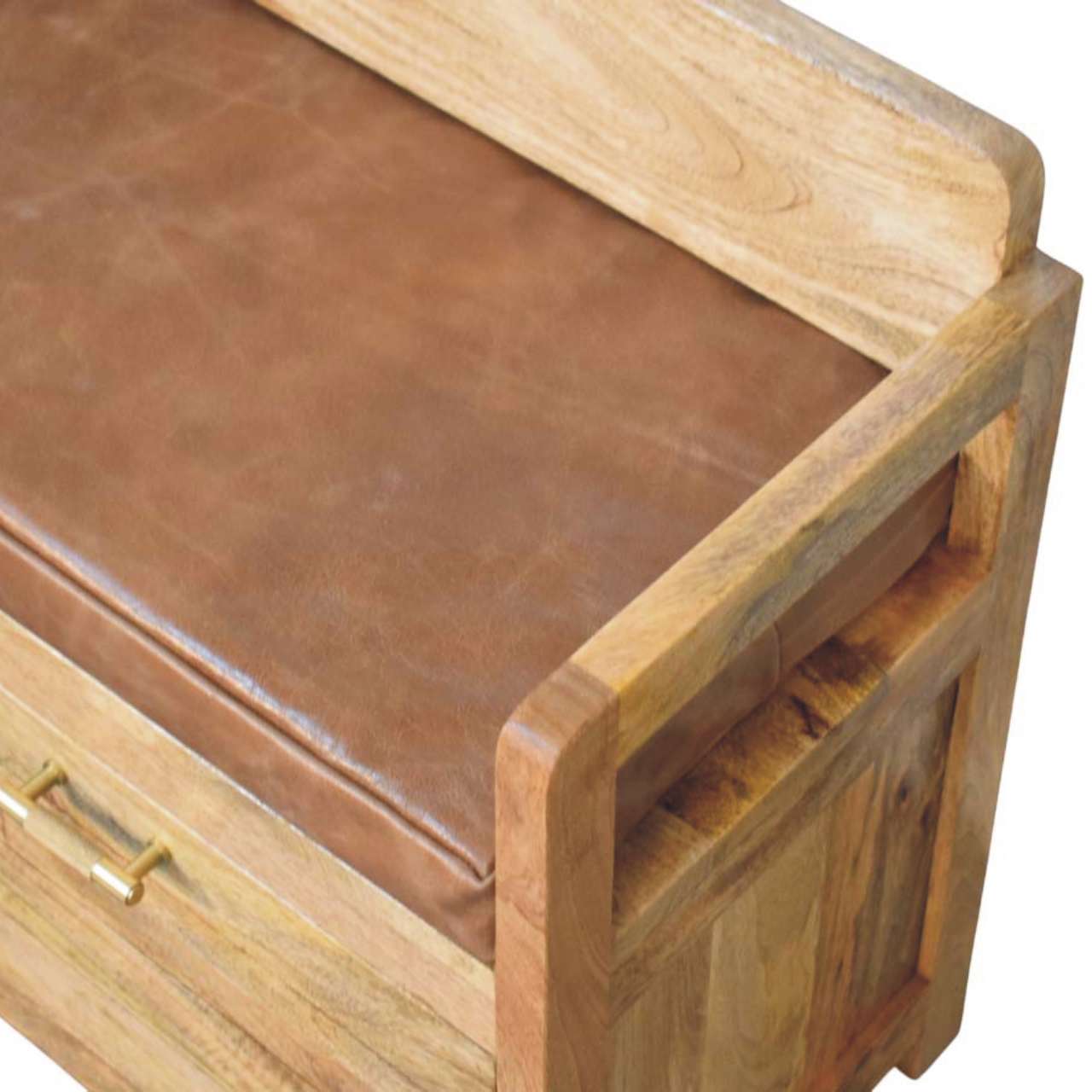 Oakish Storage Bench with Brown Leather Seat - Image 6