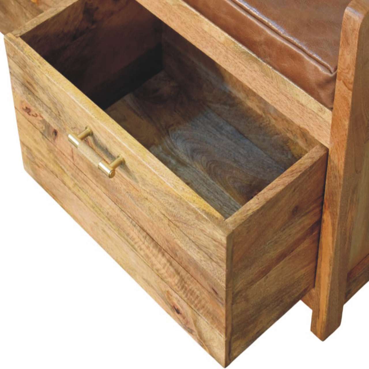 Oakish Storage Bench with Brown Leather Seat - Image 8