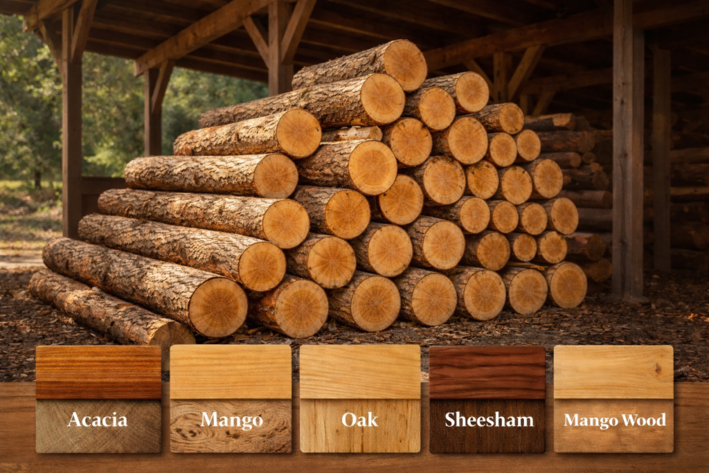 Stacked logs and wood samples