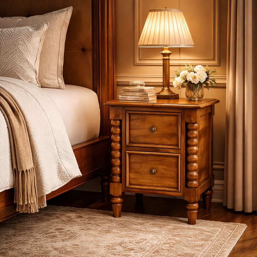 Elegant bedroom corner with wooden nightstand