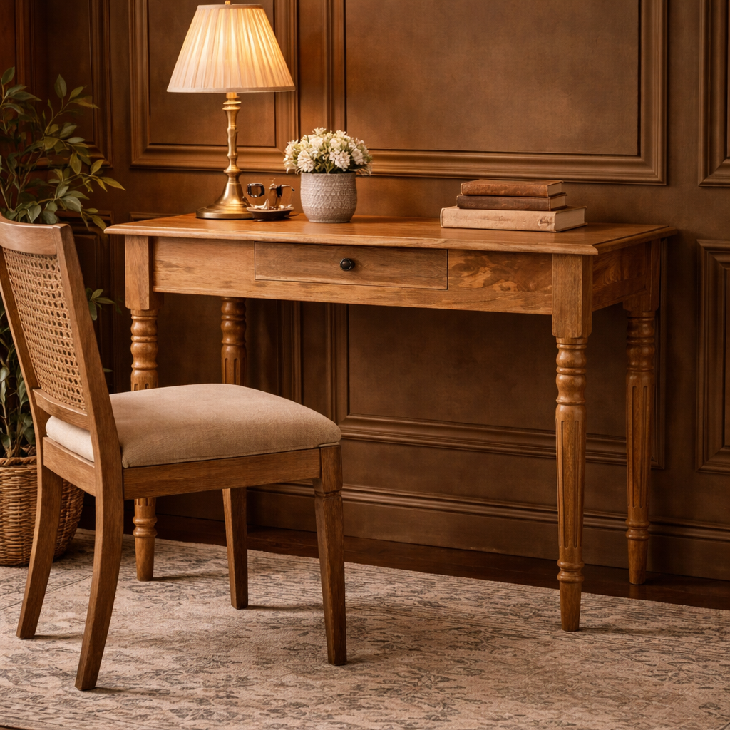 Elegant wooden desk and chair in cozy room.