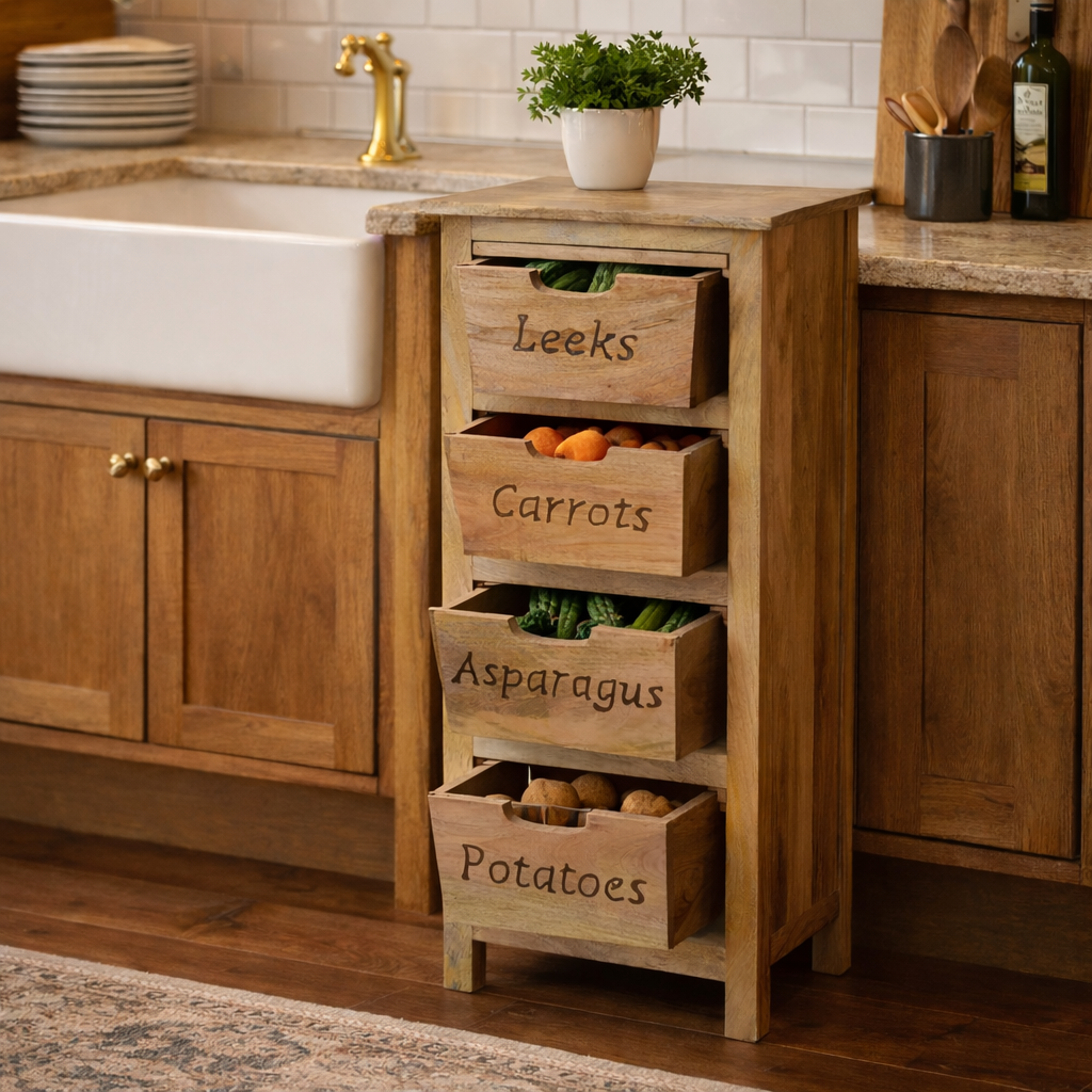 Wooden vegetable storage drawers in kitchen.