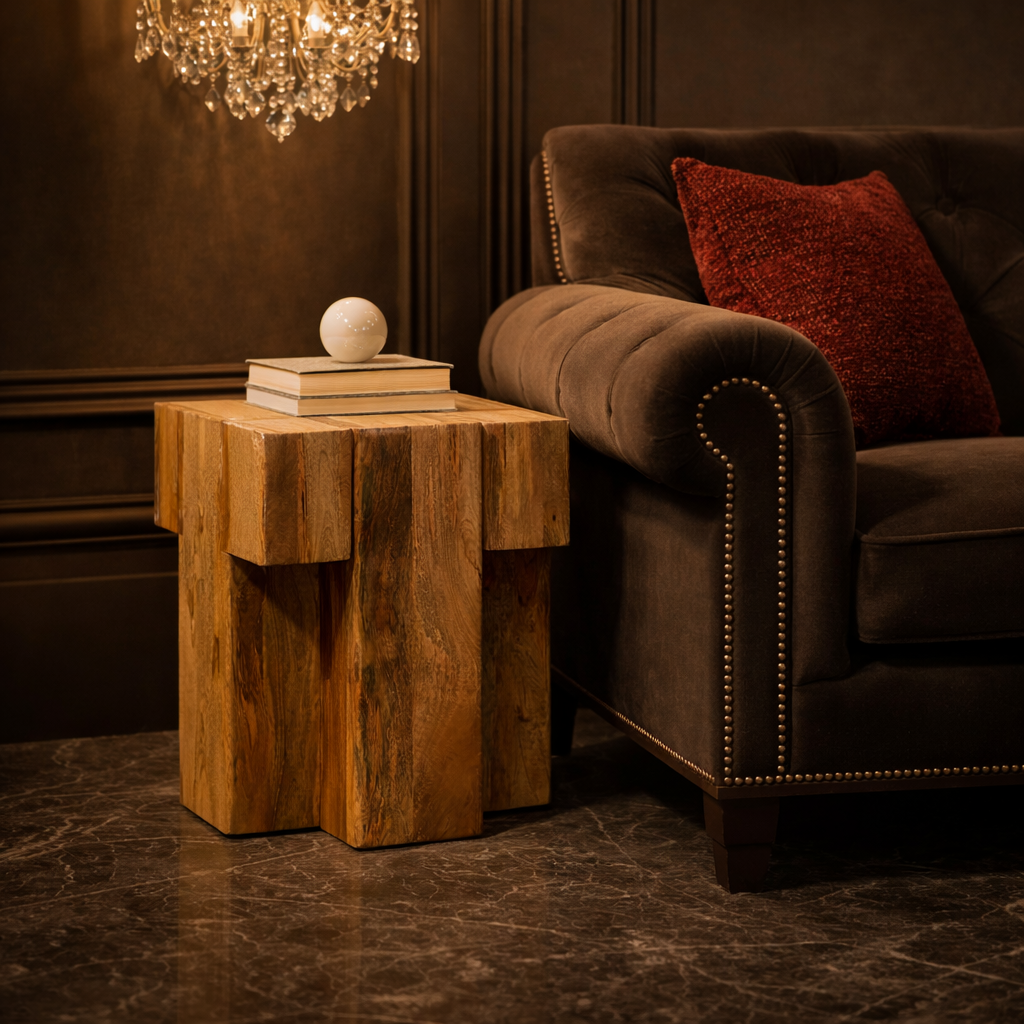 Elegant living room with wooden side table.