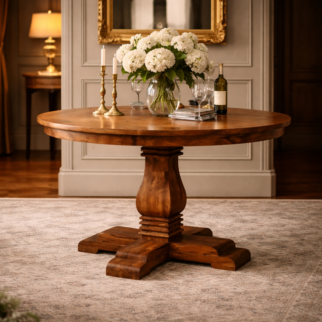 Elegant dining room with wooden table and flowers.