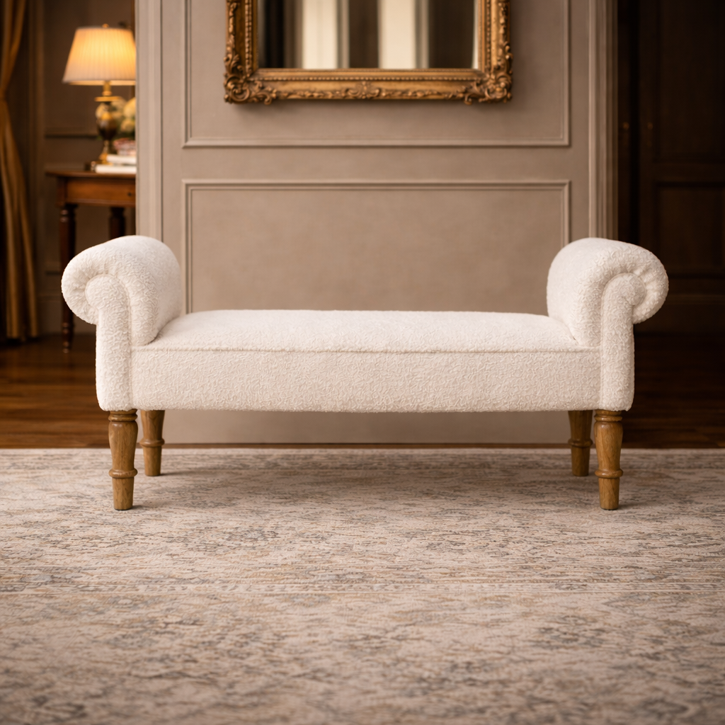 Elegant white bench in classic room setting.