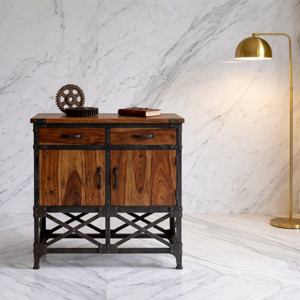 Rustic cabinet and lamp on marble floor