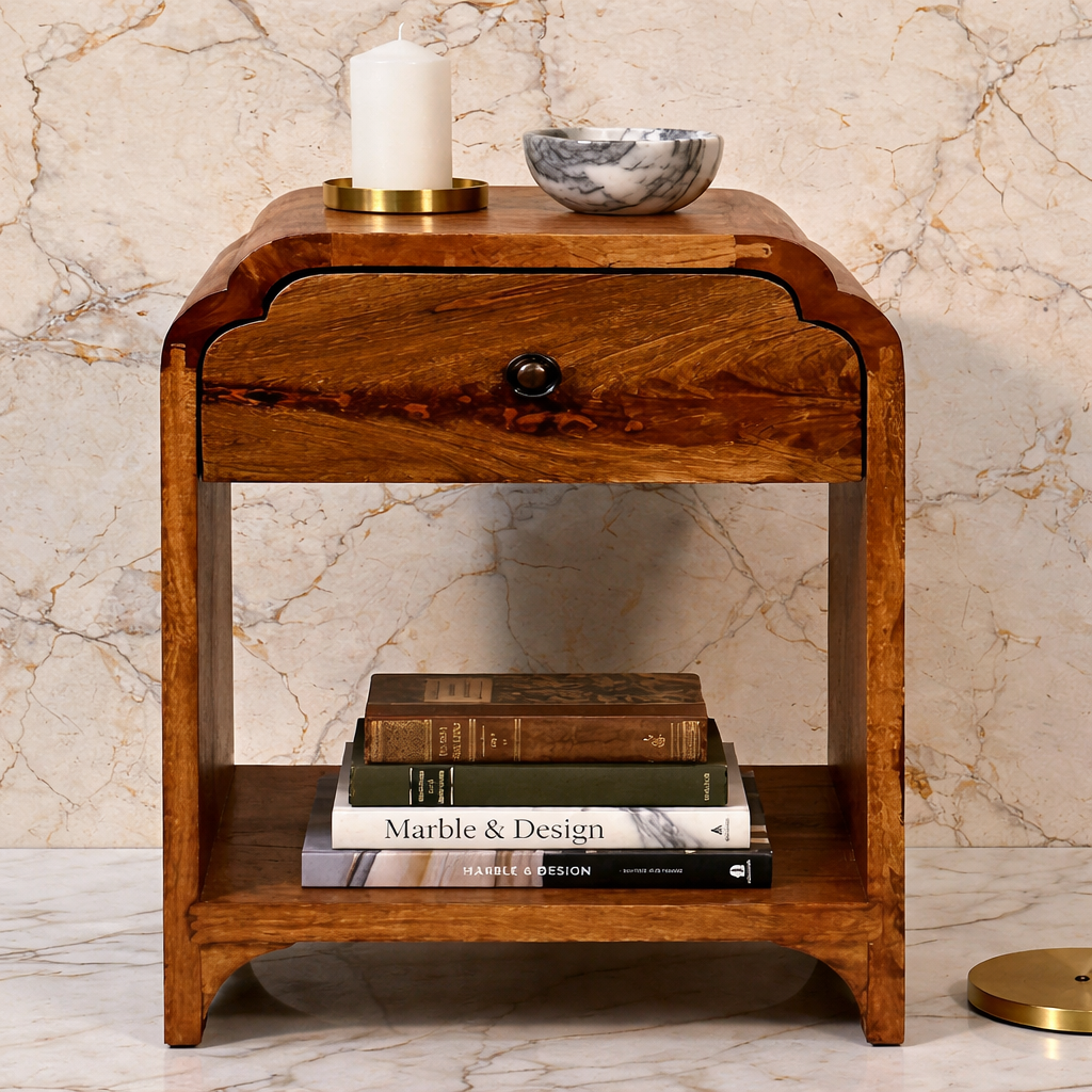 Wooden nightstand with decorative items